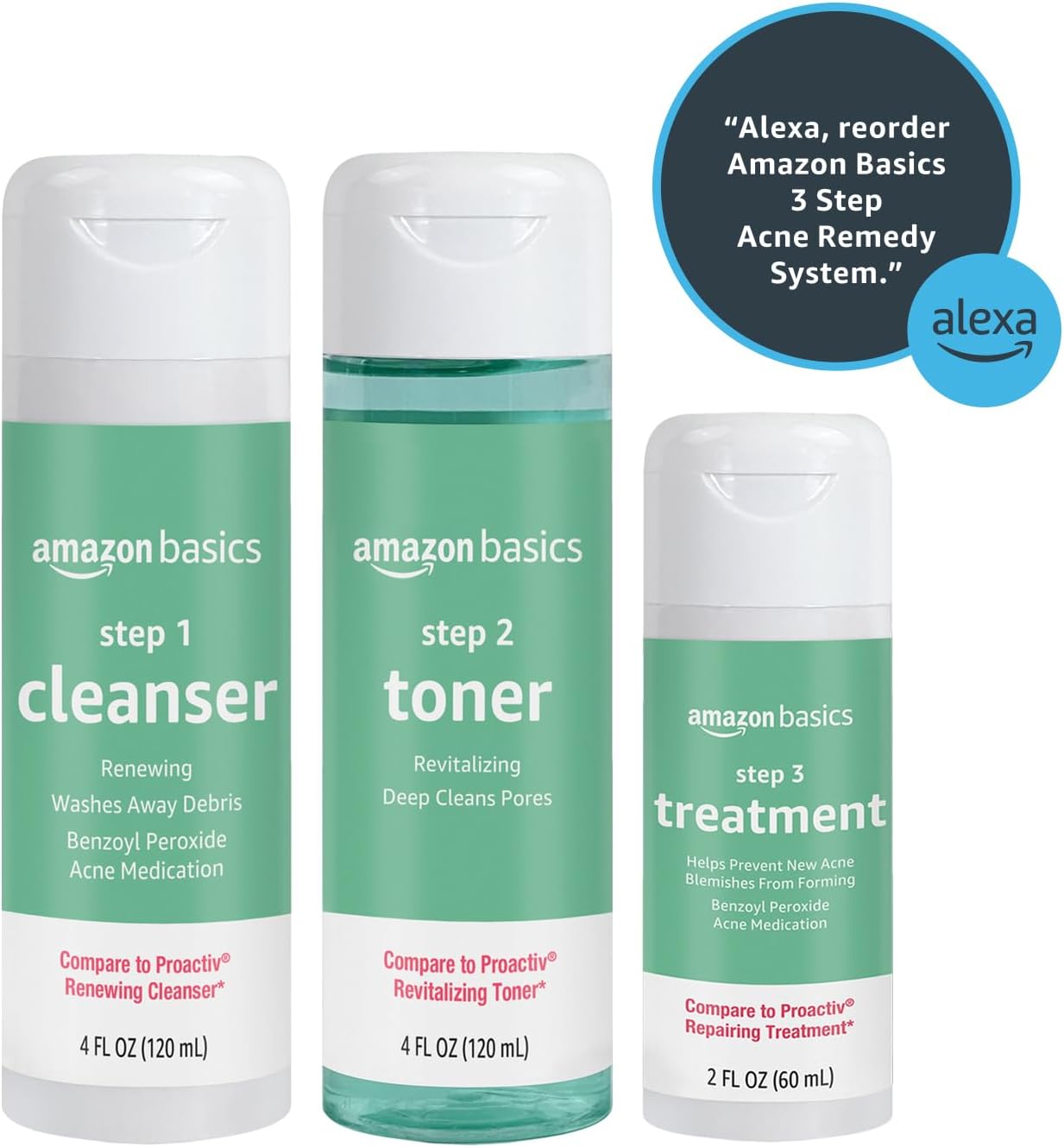 Amazon Basics 3-Step Acne Remedy System with Cleanser, Toner and Treatment, 10 Fluid Ounces, 1-Pack