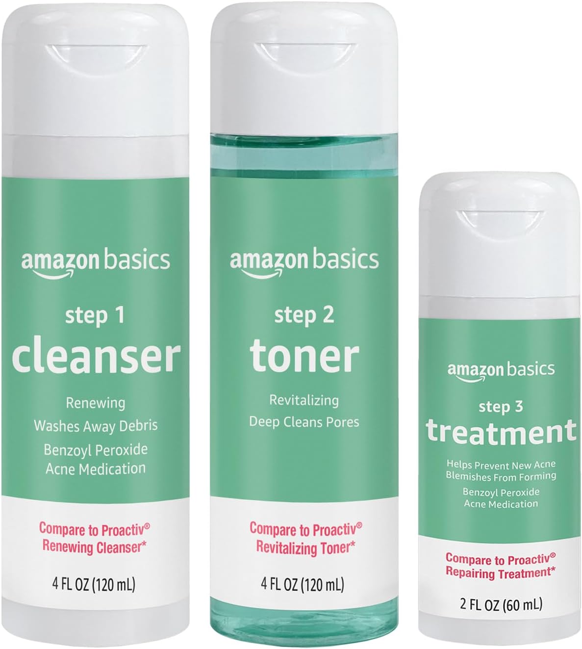 Amazon Basics 3-Step Acne Remedy System with Cleanser, Toner and Treatment, 10 Fluid Ounces, 1-Pack