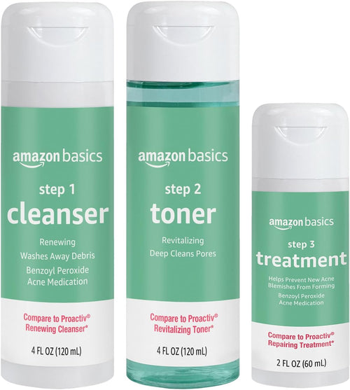 Amazon Basics 3-Step Acne Remedy System with Cleanser, Toner and Treatment, 10 Fluid Ounces, 1-Pack