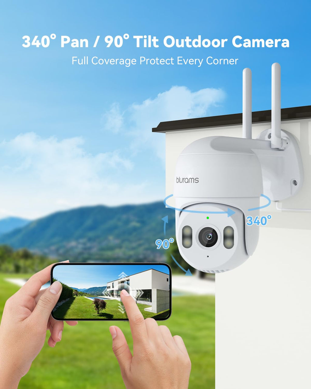 blurams 2K Outdoor Camera Wired, 5GHz/2.4GHz Wi-Fi Cameras for Home Security Outside with 360° PTZ, Color Night Vision, Motion Detection Tracking, Two-Way Audio, IP66 Weatherproof, Works with Alexa