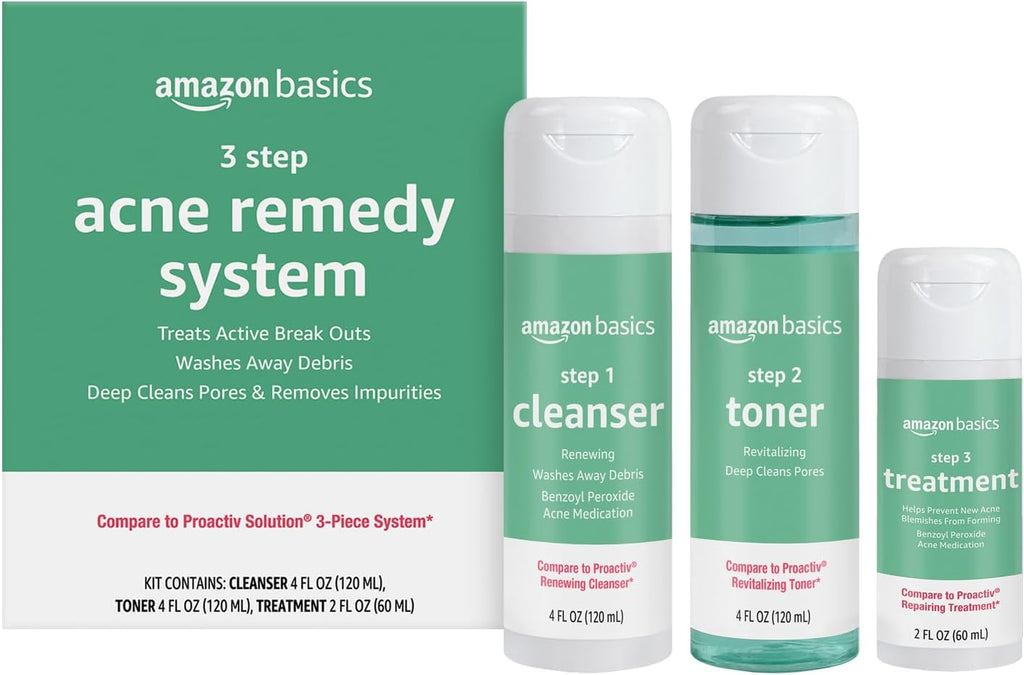 Amazon Basics 3-Step Acne Remedy System with Cleanser, Toner and Treatment, 10 Fluid Ounces, 1-Pack