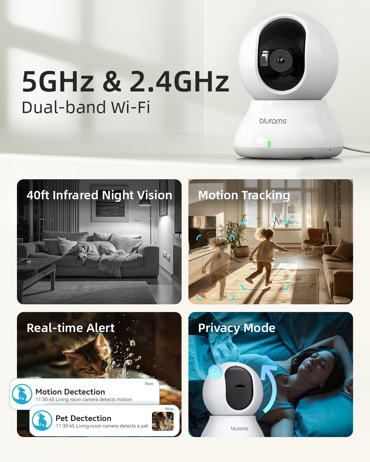 blurams 5G Indoor Cameras for Home Security, 2K Pet Camera with Phone App, 360° PTZ Home Cam w/Dual-Band WiFi6, 2-Way Talk, Free Human/Sound Detection, Motion Tracking, Night Vision, Works with Alexa