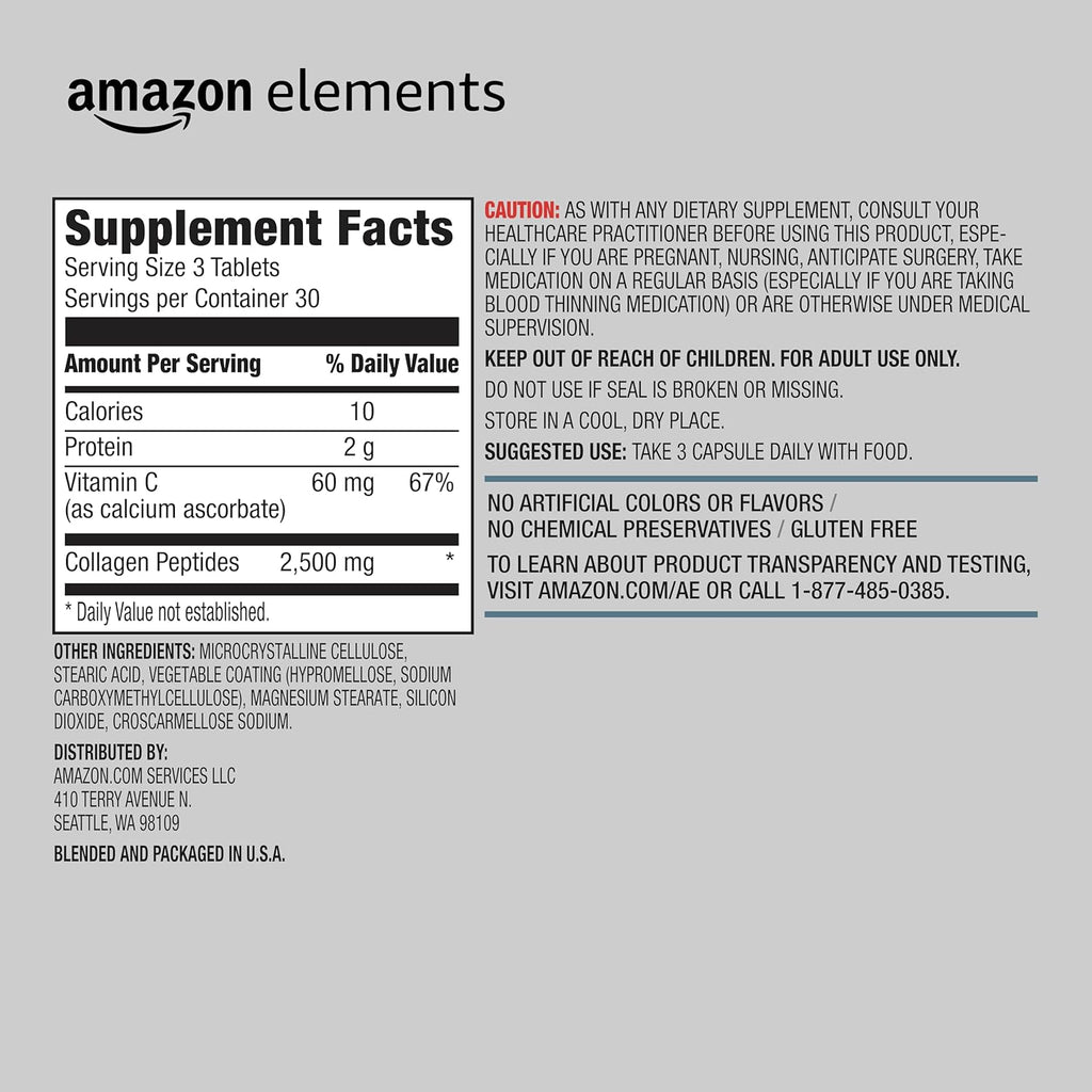 Amazon Elements Collagen Peptides + Vitamin C, 2500mg Collagen Peptides, Gluten Free, 90 Tablets, 1 Month Supply